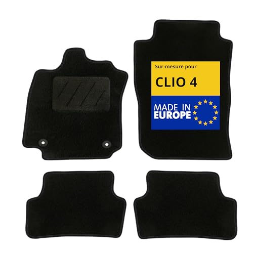 DBS – Tapis de Voiture - sur Mesure pour Renault Clio 4 (09/2012-05/2019) – Antidérapants avec Clips de Fixation – 4 Tapis Auto Avant/arrière – Moquette Noire