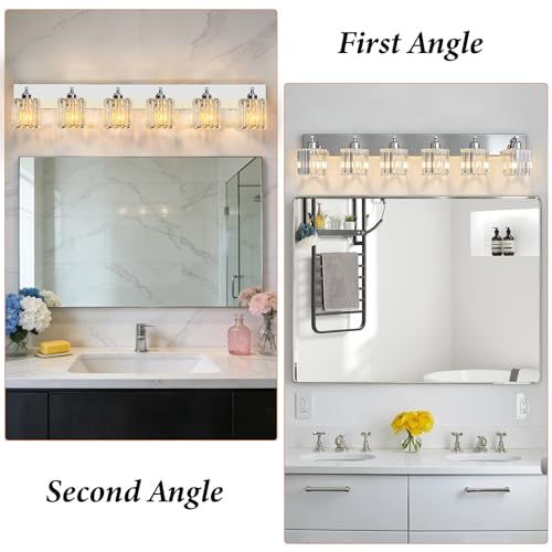 Image of Brushed Chrome Crystal Bathroom Vanity Light, 6-Light Modern Bathroom Lighting Fixtures Over Mirror,Chrome Wall Sconce Light Fixtures with Square Shade