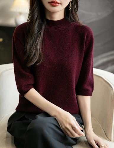 Women's 100% Merino Wool Spring Fall Winter First-Line Ready to Wear Seamless Knit Short Sleeve Mock Neck Sweater2