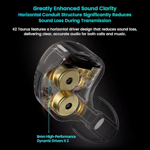 Image of KZ Taurus in-Ear Monitor Wired IEM with Mic, Dual 8mm Dynamic Drivers, Silver-Plated Detachable Cable, 2-Pin Detachable Design, Studio-Grade Hi-Fi Sound for Music, Gaming & Calls (Mic, Black)
