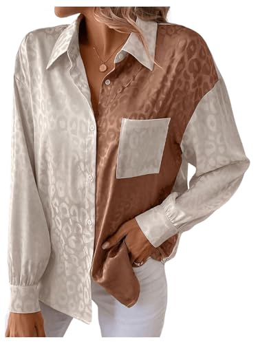 OYOANGLE Women's Button Down Blouse Leopard Print Color Block Collared
