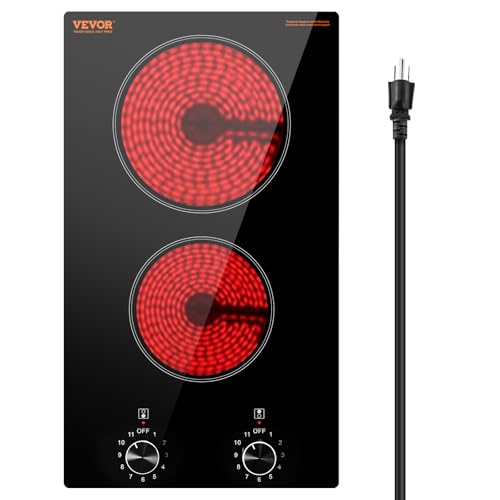 VEVOR Electric Cooktop, Built-in Electric Stove Top, with Glass Panel, Knob Control, 11 Heat Levels, for Diverse Cooking Requirements (12inch-2burners/110V)