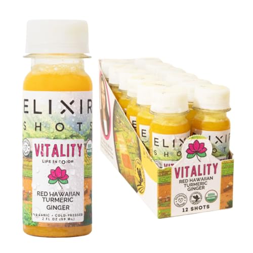 Elixir Shots, Vitality Immunity Wellness Shot with 100% Organic Ingredients, Cold-Pressed Red Hawaiian Turmeric, Peruvian Ginger, Pineapple and Black Pepper, No Sugar or Artificial Additives, 12 Pack