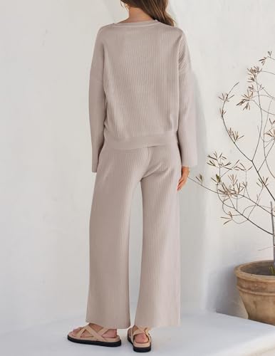 ZESICA Women's 2 Piece Outfits Set 2025 Casual Long Sleeve Knit Pullover Top and Wide Leg Pants Sweatsuit Lounge Sets4