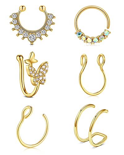 AVYRING Faux Septum Piercing Or Nez Anneau Nez Manchette Clip sur Nez Acier Inoxydable Femmes Diamant CZ Papillon Non Piercing Bijoux 6Pièces Cover