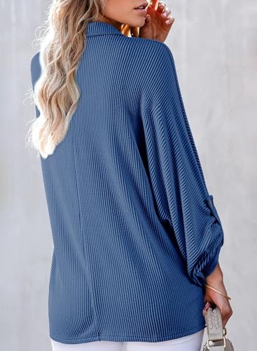 Astylish Women's Casual Blouses Button Down Business Batwing Tops Long Sleeve V Neck Ribbed Shirts 2025 Fall Outfit3