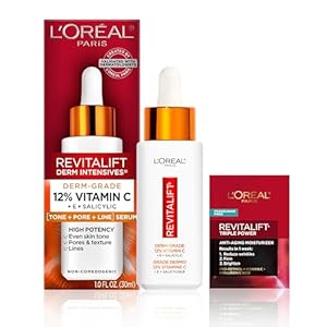 L’Oreal Paris Revitalift 12% Pure Vitamin C Serum, Brightening Serum For Face with Vitamin E, Salicylic Acid, 1 oz + Moisturizer Sample
