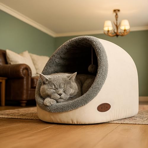 Banbury & Co Cat Bed for Indoor Cats, Small Snug Cosy Pet Igloo, Removable Cushion Pillow, Small Dog House Bed, Anti-Anxiety Cat Hideaway for Puppy & Kittens with Hanging Toy | White, 47x37x33cm - Image 3