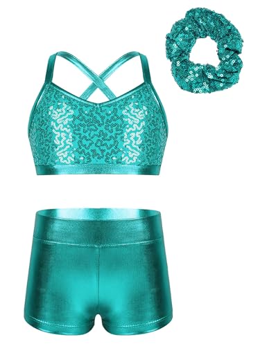 Girls 3 Pieces Dance Outfit Sport Crop Top Bra with Shorts Hair Tie Set Gymnastics Workout Tracksuit