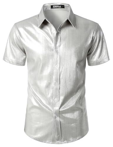 ZEROYAA Men 70s Shiny Short Sleeve Button Down Shirt Fashion Sparkle Disco Dress Shirts for Party Dance Club Performance Gold Large