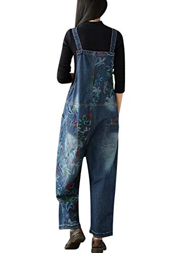 Youlee Women's Wide Leg Denim Jumpsuits Retro Casual Dungarees Style 3 Dark Blue