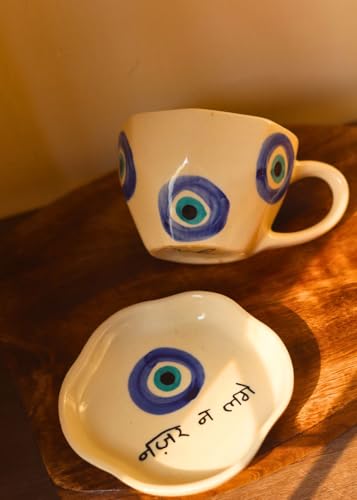 Image of WEAVING HOMES Handcrafted Ceramic Evil Eye Mug & Nazar na Lage Dessert Plate (Set of 2, Multicolor) - Coffee Mugs and Dessert Plates for Birthday Gifts, Mugs for Office and Travel