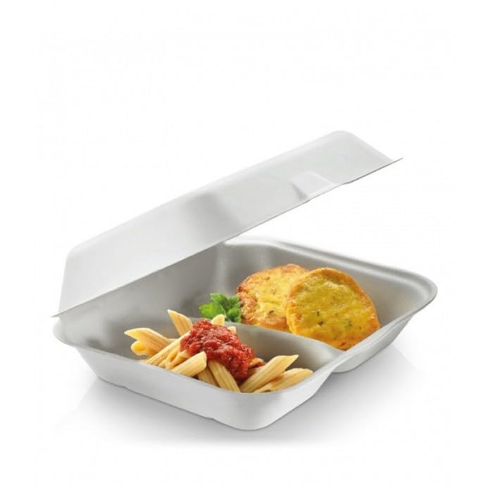 Genérico Caja de Menú Desechable con 2 Compartimentos, Tapa Bisagra, Blanco, 23,5 x 19,5 x 7,5 cm, 250 Unidades