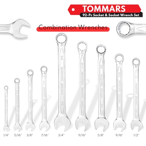 TOMMARS Mechanic Tool Box Set Automotive, 92-piece 1/4" & 3/8" Drive SAE Mechanics Hand Tool Kit with Storage Case, Portable, CR-V Steel