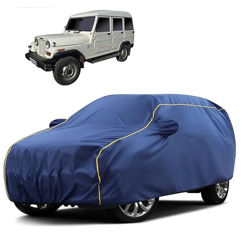 Image of Sulfar 100% Water Resistant Car Body Cover Compatible with Mirror for Mahindra Marshal (Triple Stitched, Full Bottom Elastic, Blue Taffeta with Yellow Piping)