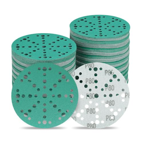 Image of 6 Inch 49 Hole Wet Dry P80 Grit Sanding Discs - 50 Pack Box | Fits Festool ETS / RO 150 Sanders, Zirconia Heavy-Duty Hook & Loop Film Sandpaper for Wood, Auto, Metal, Paint, Body & More