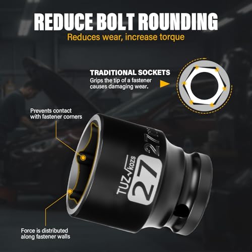 Image of 1 /2 Inch Drive 27mm Shallow Metric Impact Socket,CR-MO,6 Point Radius Corner Design,Square Chamfered Opening,Axle Nut Impact Grade Socket for Easy Removal