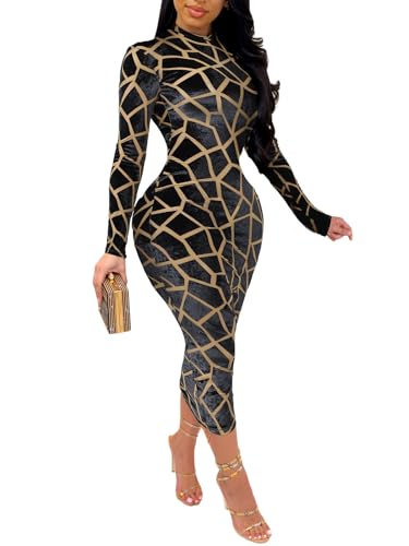 Robe midi moulante sexy en maille imprimée transparente à manches longues femme