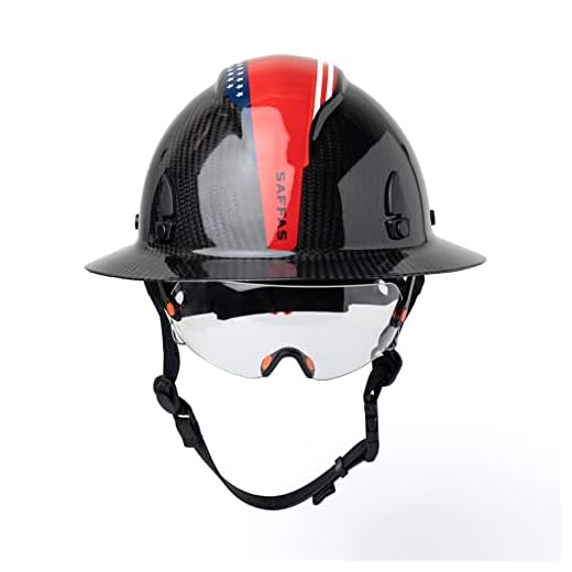 SAFFAS Carbon Fiber Hard hat Full Brim American Flag 6 Point Ratchet Suspension (Red)