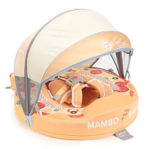 Image of Mambobaby Float Upgrade Add Tail Baby Float with Canopy for Infant Waist Swimming Ring Swim Trainer Non-Inflatable Floats Toys with Adjustable Safety Strap (Orange - Pizza)