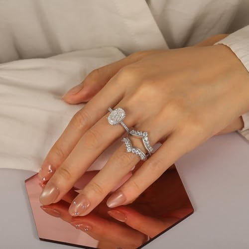 Image of Jeulia Gorgeous Twist Design Wedding Ring Set for Women; 925 Sterling Silver Oval CZ Crystal Inset Puzzle Bridal Ring Set 2PCS Stackable Ring Band Romantic Anniversary Jewelry Gift with Box
