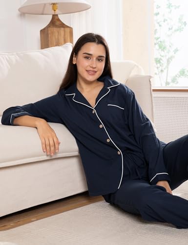 Image of Womens Muslin Pajama Set 100% Cotton Double Gauze Linen Like | Breathable Soft Comfort Button Up Loungewear Sleepwear PJ Set