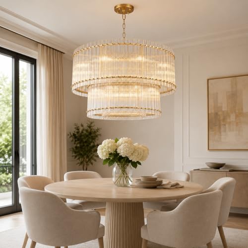 Image of 48-Inch Ripple Glass Chandelier, 3-Tier 20-Light Large Brass Round Chandelier for Dining Rooms, Living Rooms, Foyers, Staircases, Open-Concept Spaces & High Ceilings