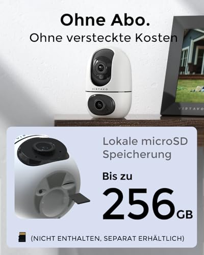 virtavo XD1 WLAN Dual Kamera Überwachung Innen, 2 Ansichten Gleichzeitig, Ohne ABO, Smart Tracking, Rundum‑Sicht, Farbnachtsicht, Zwei‑Wege‑Audio, 1080P Überwachungskamera für Baby & Haustiere