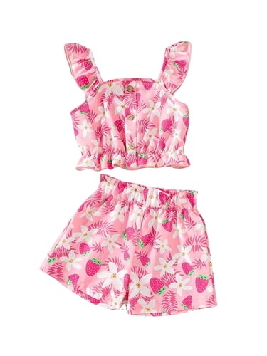 Image of Kids Toddler Girls Summer Clothes Button Design Striped Tank Top + Floral-Print Elastic Shorts 2 Piece Outfits
