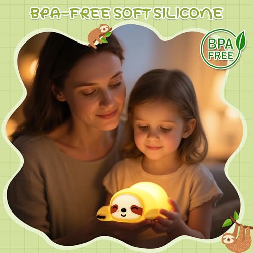 Image of Sloth Night Light, Cute Squishy Lamp for Bedroom, Silicone Animal Dimmable & Timer Rechargeable Nightlight for Girls Boys Kids, Home Decor Christmas Birthday White Elephant Gifts