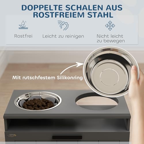 PawHut Erhöhter Hundenapf Futternapf mit Ständer Wassernapf 2 x 2L Edelstahlnäpfen Futterstation mit Anti-Schling-Matte Hundenäpfe mit 25L Stauraum, für große und extra große Hunde, Grau