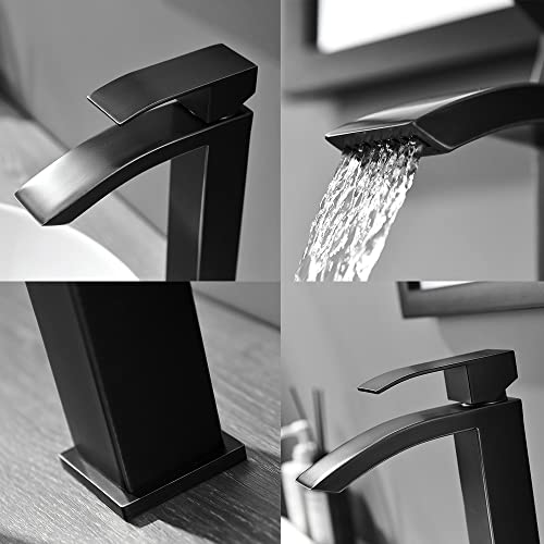 Comllen Vessel Sink Faucet Matte Black, Tall Waterfall Bathroom Faucet, Single Handle One Hole Mixer Bowl Tap With Large Rectangular Spout With Water Hoses #TOP4