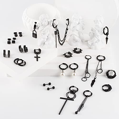 Conjunto de brincos masculinos pretos cirúrgicos de aço inoxidável, hipoalergênicos, unissex, 46 peç
