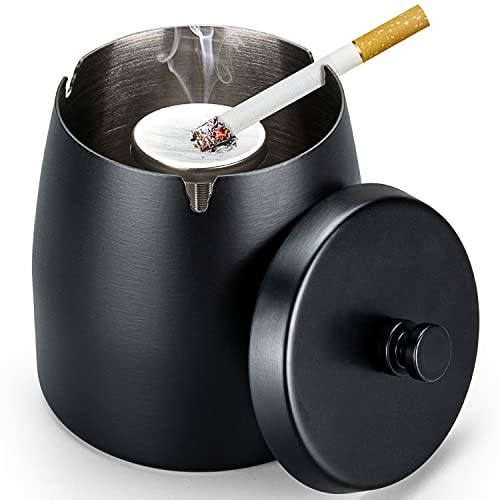 Ashtray with Lid for Cigarette Stainless Steel Outdoor Ash Tray Windproof Smokeless Odorless Iron Ashtrays for Cigarettes Outside Patio Home Office Tabletop Balcony (Black, Medium)