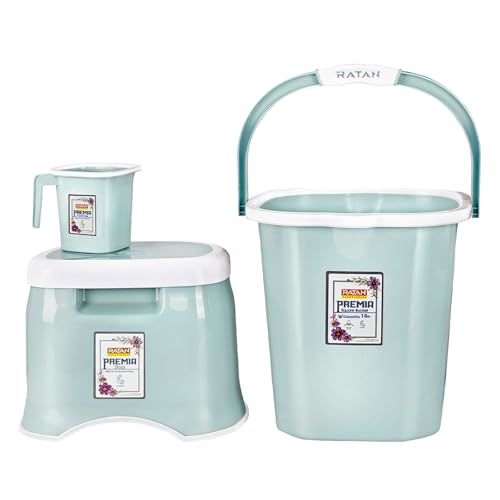 Image of RATAN PLASTICWARE Premia Bathroom Set (Bucket 18L X 1) + (Mug 1.5L X 1) + (Small Stool X 1) - Mint|Light Weight and Easy to Carry|Perfect for Use in Bathrooms, Kitchen & Wet Utility Areas