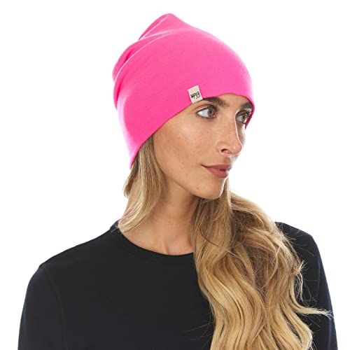 100% Merino Wool Ridge Cuff Beanie - Unisex Warm Winter Hat - Blaze Pink #TOP1