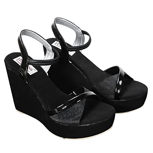 Image of YASHU ENTERPRISES Women Glitter Wedge Heel Sandal (Article Number 024 Black)