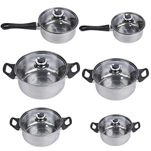 Olla de cocción, sartén, 6 piezas de acero inoxidable y juegos de sartén Juego de utensilios de cocina de cocina Cazuela de inducción de la cacerola Cazuela de vidrio Visión de tapa