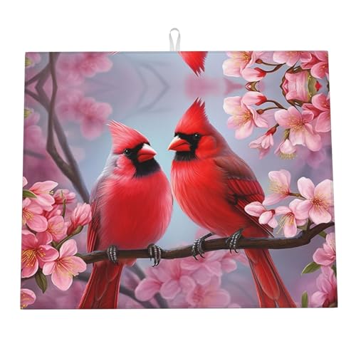 Estera De Drenaje Flores De Cerezas Cardenal Rojas Alfombrilla Escurreplatos Plegable Alfombra Cafetera para Cubiertos Tazas Cocinas 46X61Cm