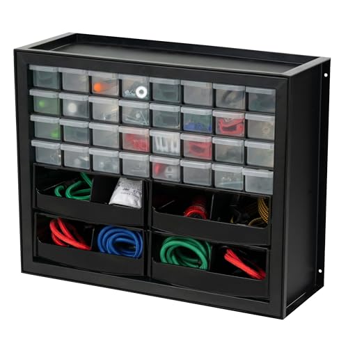 Image of IRIS USA 32-Drawer Organizer with 4 Bins and Dividers, Garage Tool, Black | Wall mountable, Stackable, Hardware, Electronics, Teacher Toolbox, Small Parts, Nuts & Bolts, Screws