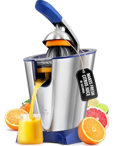 Image of Zulay Electric Citrus Juicer - Makes Fresh Orange, Lemon, Grapefruit, Lime Juice - Stainless Steel, 160W Powerful & Quiet, Interchangeable Cones -Filters Out Seeds & Pulp- Dishwasher Safe Parts - Blue