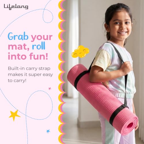 Image of Lifelong Kids Yoga Mat with Carrying Strap | Non-Toxic Yoga Mat for Children Workout & Exercise | Slip-Resistant Floor Mat for Kids Fitness, Play & Meditation | Exercise Mat for Home (Pink)