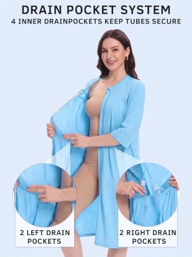 Image of Women's Post Surgery Robe with Drain Pockets Mastectomy Recovery Robe Front Zipper Hospital Gown Pajamas Gift