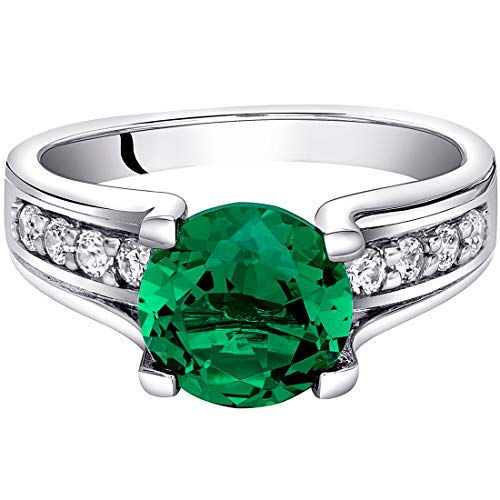 PEORA Simulated Emerald Cathedral Ring in Sterling Silver, Solitaire Round Shape, 8mm, 1.75 Carats total, Comfort Fit Sizes 5 to 93