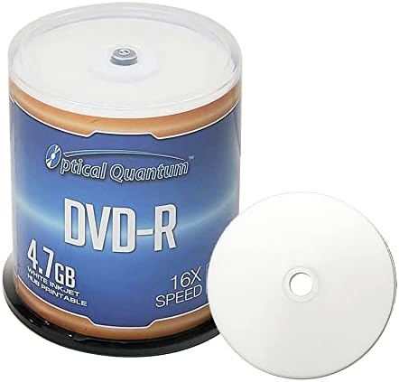Optical Quantum DVD-R 4.7GB 16X White Inkjet Printable Hub Printable - 100pk Cake Box (FFP), 100 discs