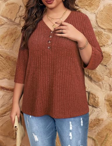 Image of Koscacy Women Plus Size V Neck 3 /4 Roll Sleeve Sweater Casual Knit Tops Solid Color Blouses