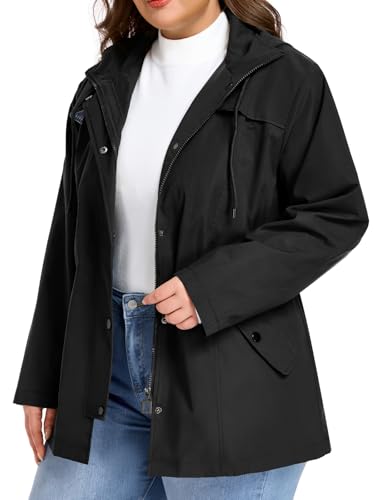 SaphiRose Womens Plus Size Rain Jacket Waterproof Rain Coat Lightweight Windbreaker Raincoats with Hood (Black 3X)