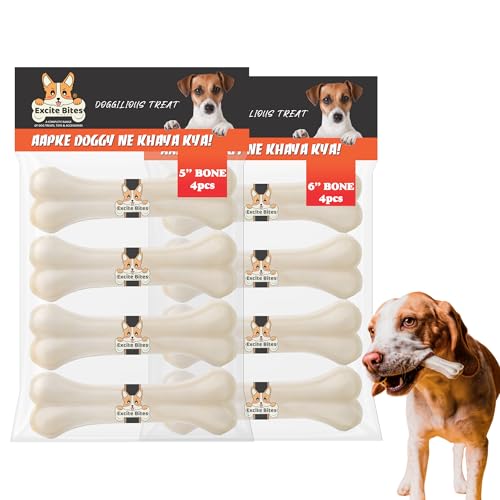 Image of EXCITE BITES Pressed Rawhide Bones for Dog Treats | Dog Calcium Bone Dog Chewing Needs | 5Inch & 6Inch Calcium Bone Treat for All Dogs | Combo Offer (5 inch-4Pcs)(6 inch-4Pcs), 730 g (Pack of 2)
