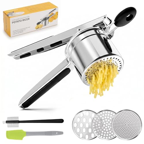 Dexpally Kartoffelpresse Edelstahl Spagettieis Quetsche 450ml Spaghetti Eispresse mit 3 Austauschbare Sieb und Reinigungsbürste Kartoffelpüree Spätzle Gnocchi Gemüse und Saucen