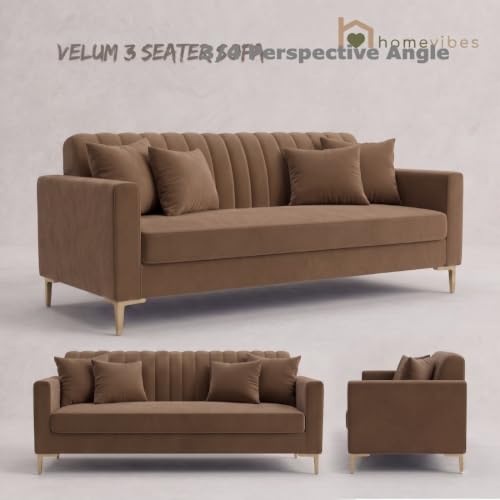 Image of Velum 3 Seater Sofa for Living Room & Office | Premium Fabric Upholstery | Solid Wood Frame | Comfortable Seating | 3 Years Warranty (Light Brown, 3 Seater Sofa)